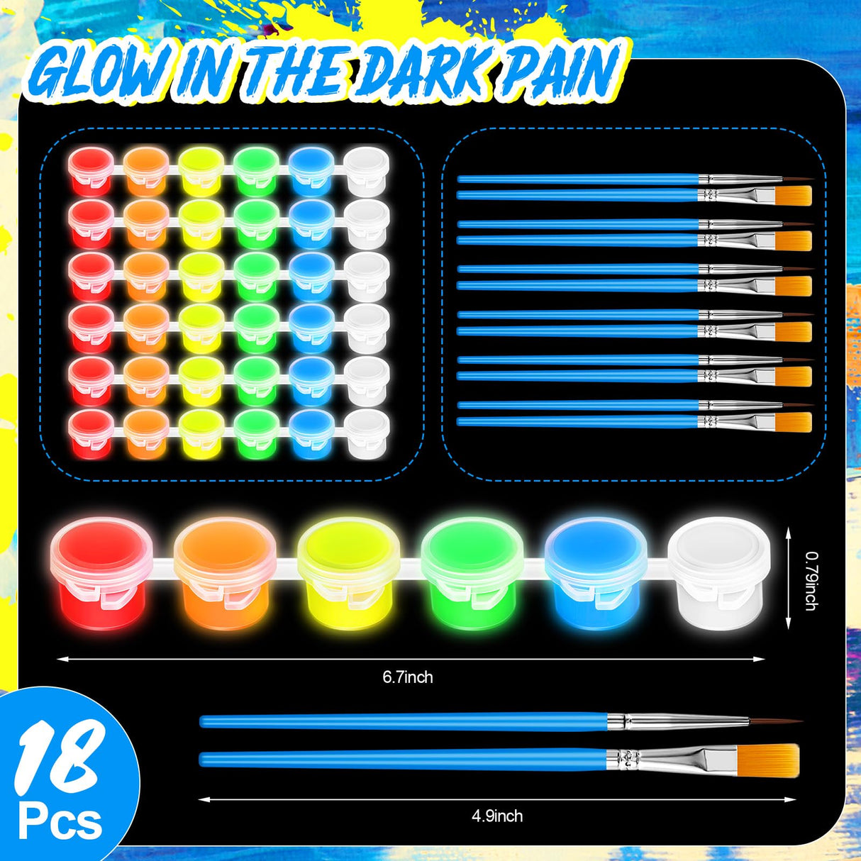 Fulmoon 6 Set Glow in The Dark Paint with Paint Brushes Black Light Neon Face Body Paint UV Acrylic Paint Set for Kids Halloween Christmas Painting Fulmoon