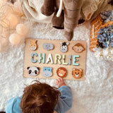 PUREFLY Personalized Name Puzzle for Kids Engraved Text Greetings on Back Custom Wooden Name Signs with Pegs for Baby Boy & Girl 1 Year Old Nursery PUREFLY