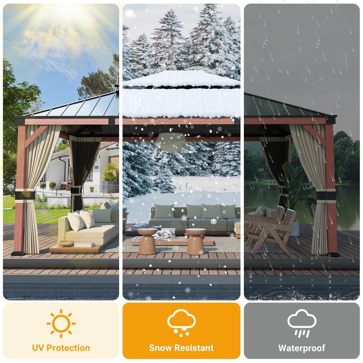 VONZOY Hardtop Gazebo 12x16, Wooden Coated Outdoor Gazebo with Galvanized Steel Double Roof, Aluminum Frame Pavilion, Pergola for Patio Lawn, VONZOY