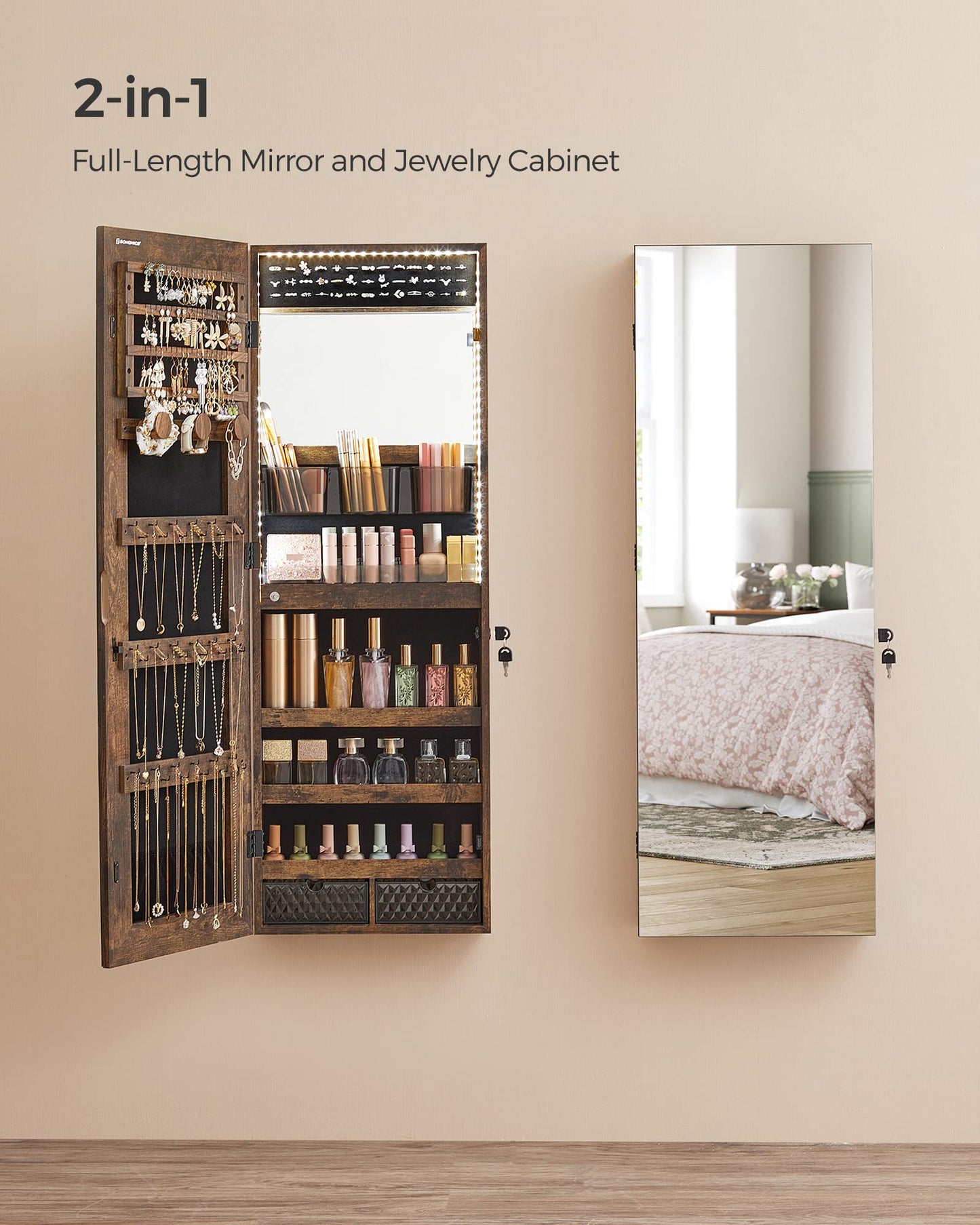 SONGMICS Mirror Jewelry Cabinet Armoire Organizer, Wall/Door Mount Storage Cabinet with Full-Length Frameless Lighted, Built-in Makeup Mirror, 2