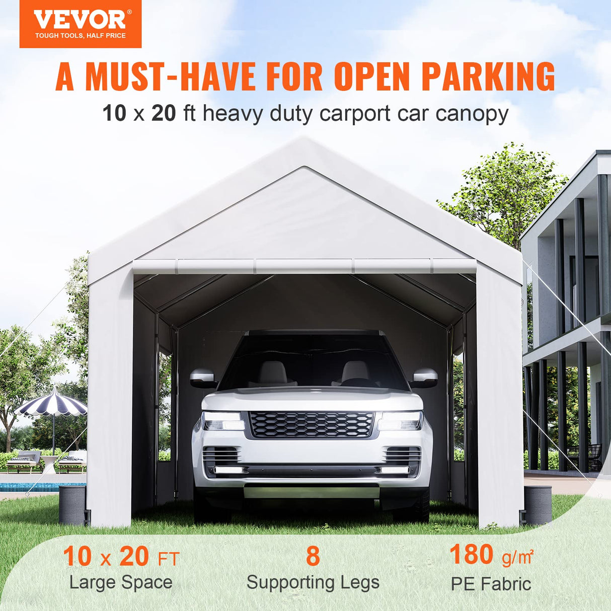 VEVOR Carport, 10x20ft Heavy Duty Car Canopy, Portable Garage with Roll-up Ventilated Windows & Removable Sidewalls, UV Resistant Waterproof VEVOR