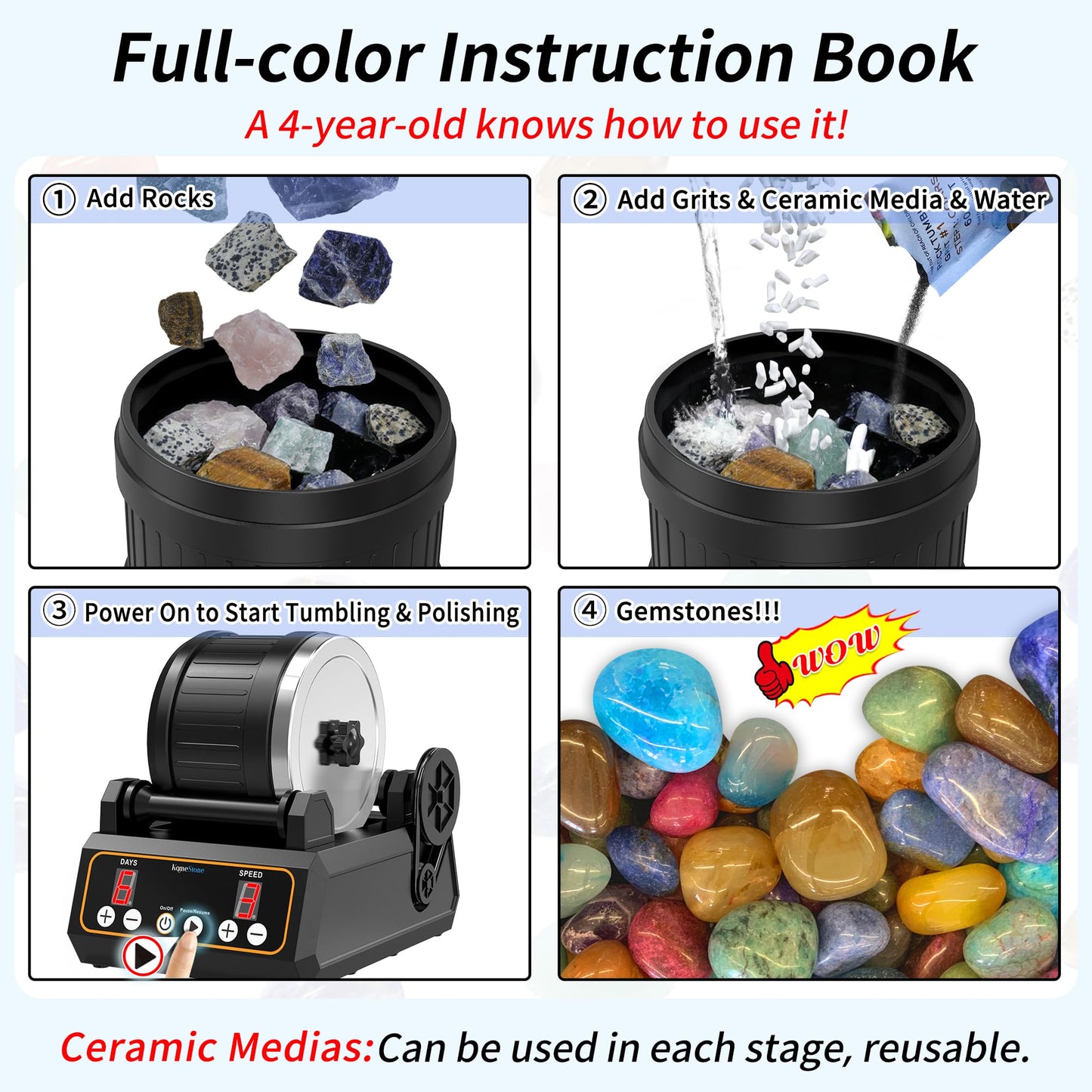 KomeStone Rock Tumbler Kit, K1 Professional Large 2.5LB Capacity Edition - Memory Function, Digital Timer & Variable Speeds: Create Stunning Gems - WoodArtSupply