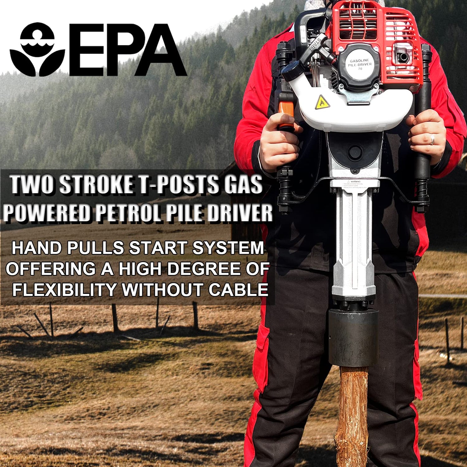 Pile Driver Hammer - JACKCHEN 2 Stroke 52CC Gas Powered T Post Driver Hammer Drills, Air Cooling Single Cylinder Gasoline Petrol Garden Fencing Tool JACKCHEN