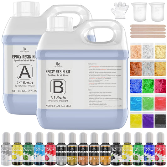 Epoxy Resin Starter Kit - .6 Gallon Epoxy Resin with Alcohol Ink, Metallic Ink, Resin Pigment, Mica Powder, Foil Flakes, Glitter and Cast Accessories - WoodArtSupply