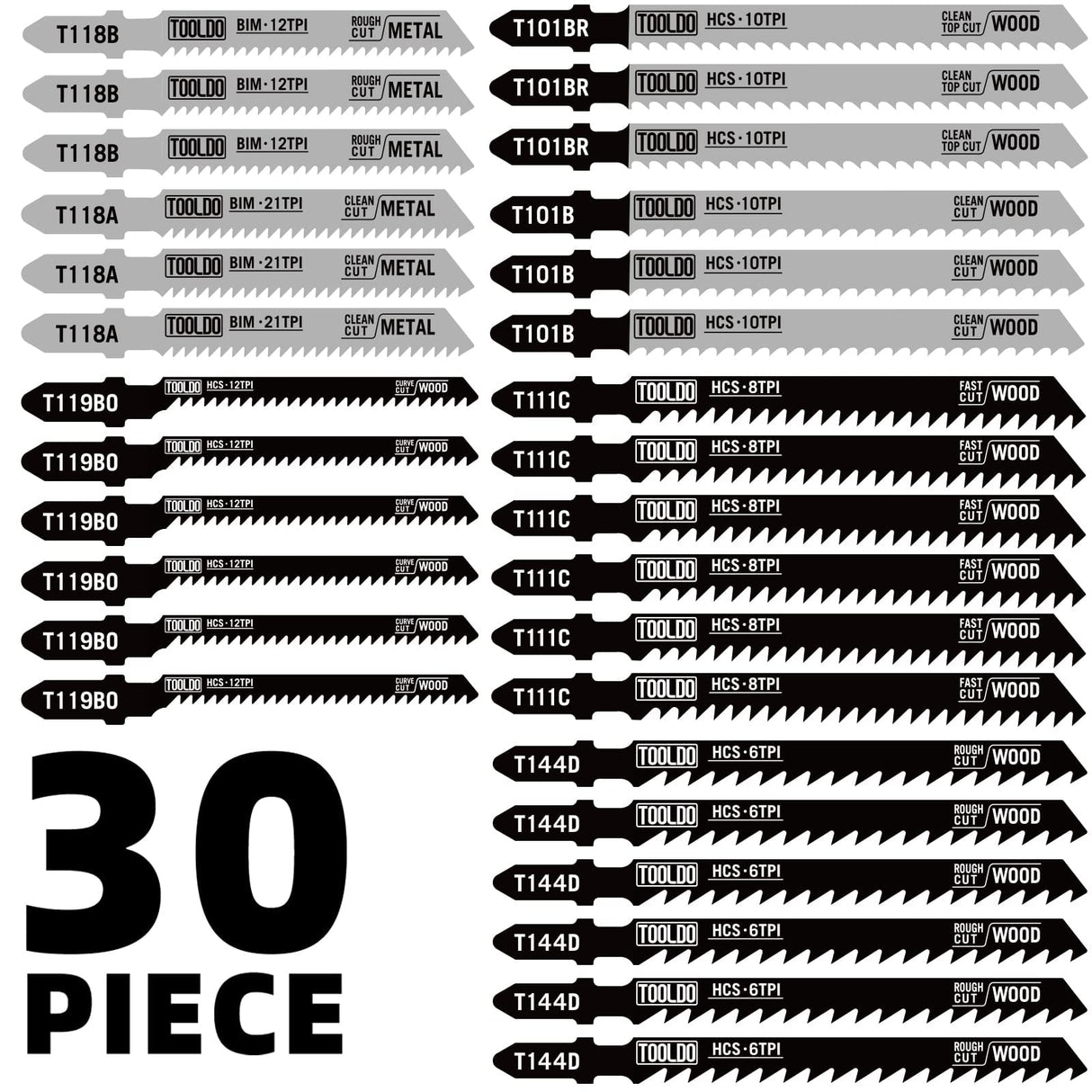 TOOLDO Jigsaw Blades Set 30 Piece, Assorted Professional Jig Saw Blades for T-Shank,Wood and Metal Cutting, Replacement Saw Blade for Dewalt, TOOLDO