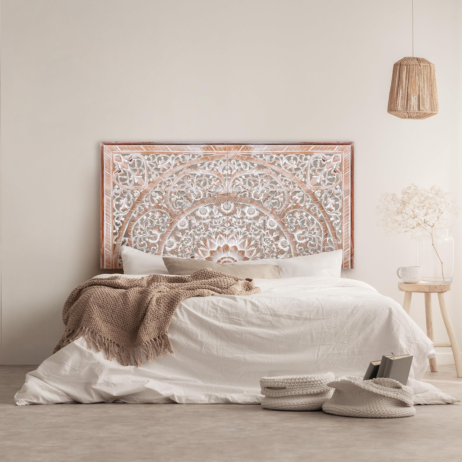 King Wood Headboard White Wash | Carved Full Headboard Only | Wooden Headboard Full Size Bed | Wall Mount Headboard King | Full Bed Headboard Panels - WoodArtSupply