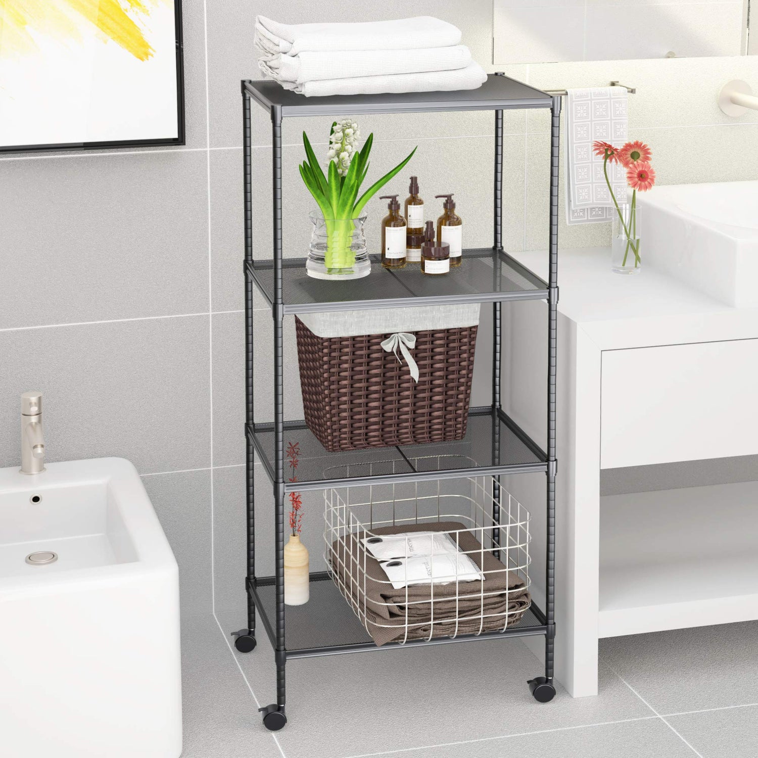 OVICAR 4-Tier Wire Storage Shelves, Adjustable Shelving Units with Wheels, Steel Metal Storage Rack for Kitchen Pantry Closet Laundry, Durable OVICAR