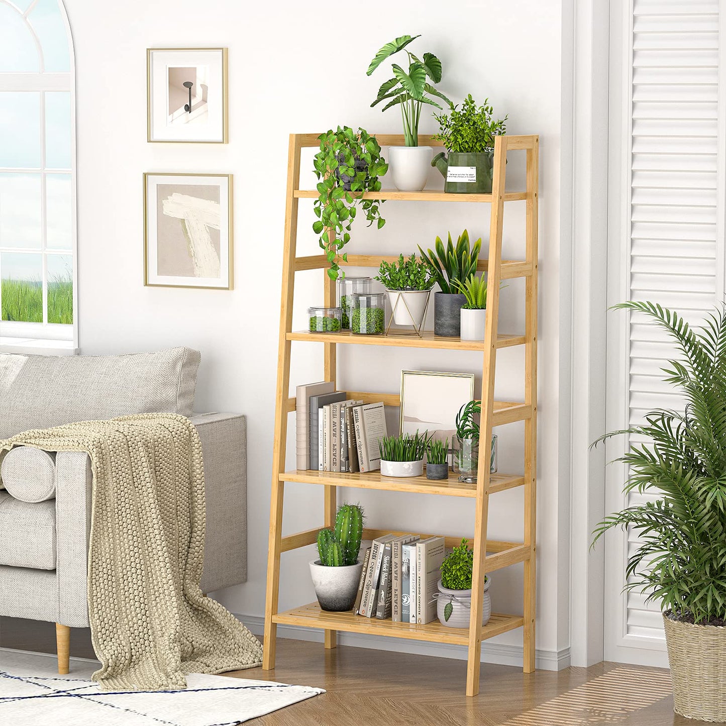 Homykic Bamboo Bookshelf 4-Tier Ladder Shelf, 49.2” Freestanding Open Bookcase Book Shelf Bathroom Storage Shelf Unit Plant Stand for Small Space,