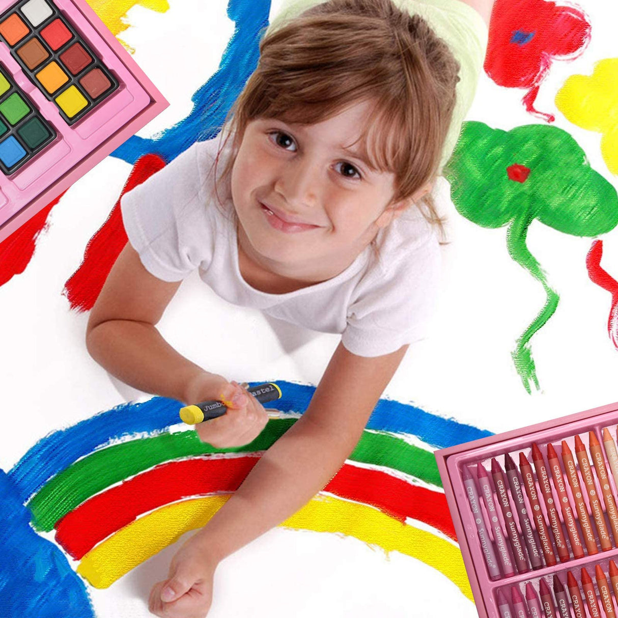 Sunnyglade 145 Piece Deluxe Art Set, Wooden Art Box & Drawing Kit with Crayons, Oil Pastels, Colored Pencils, Watercolor Cakes, Sketch Pencils, Paint Sunnyglade