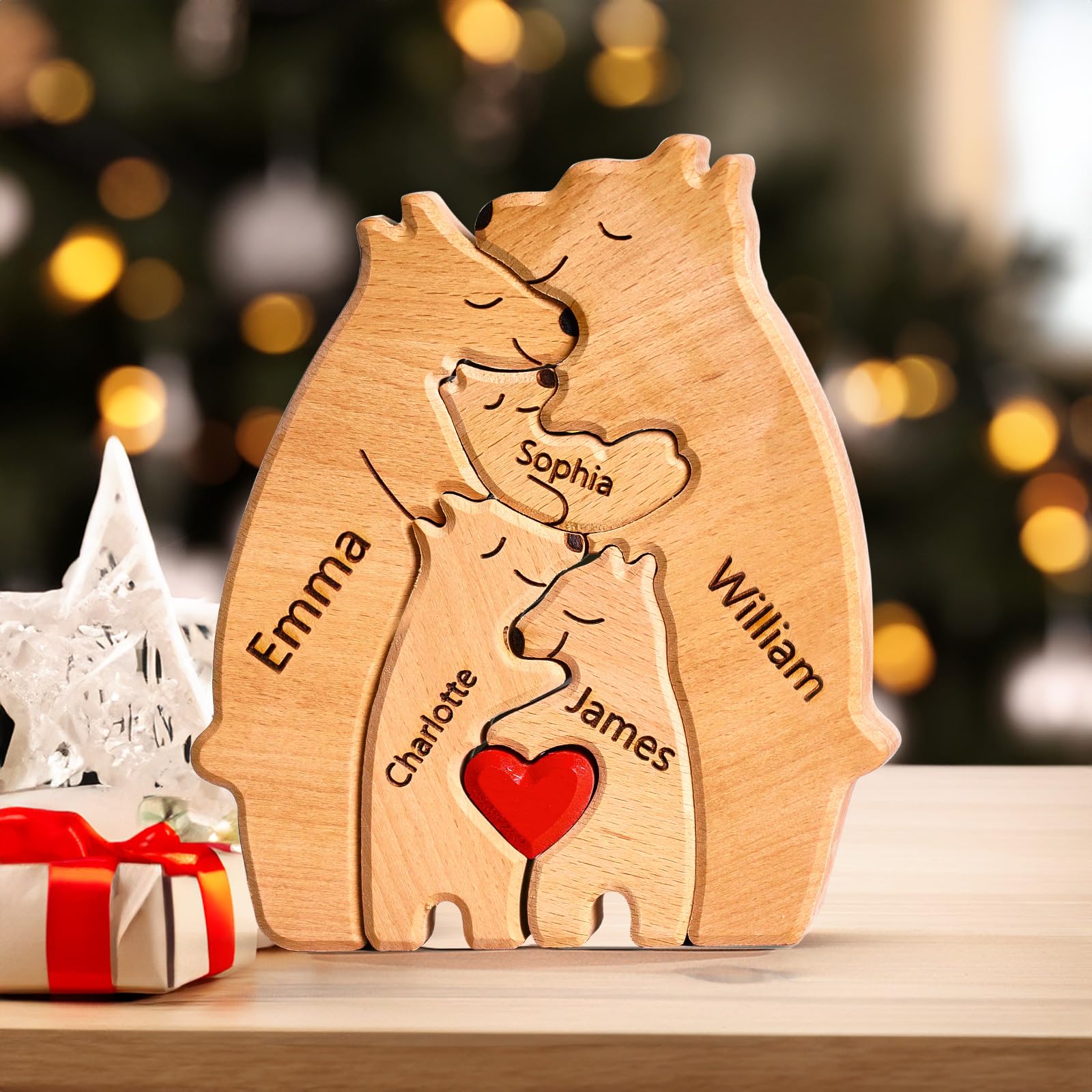 Personalized Wood Bear Puzzle with 1-8 Family Names, Custom Wooden Art Puzzle Gifts, Custom Family Name Sculpture, Home Decoration Christmas, - WoodArtSupply