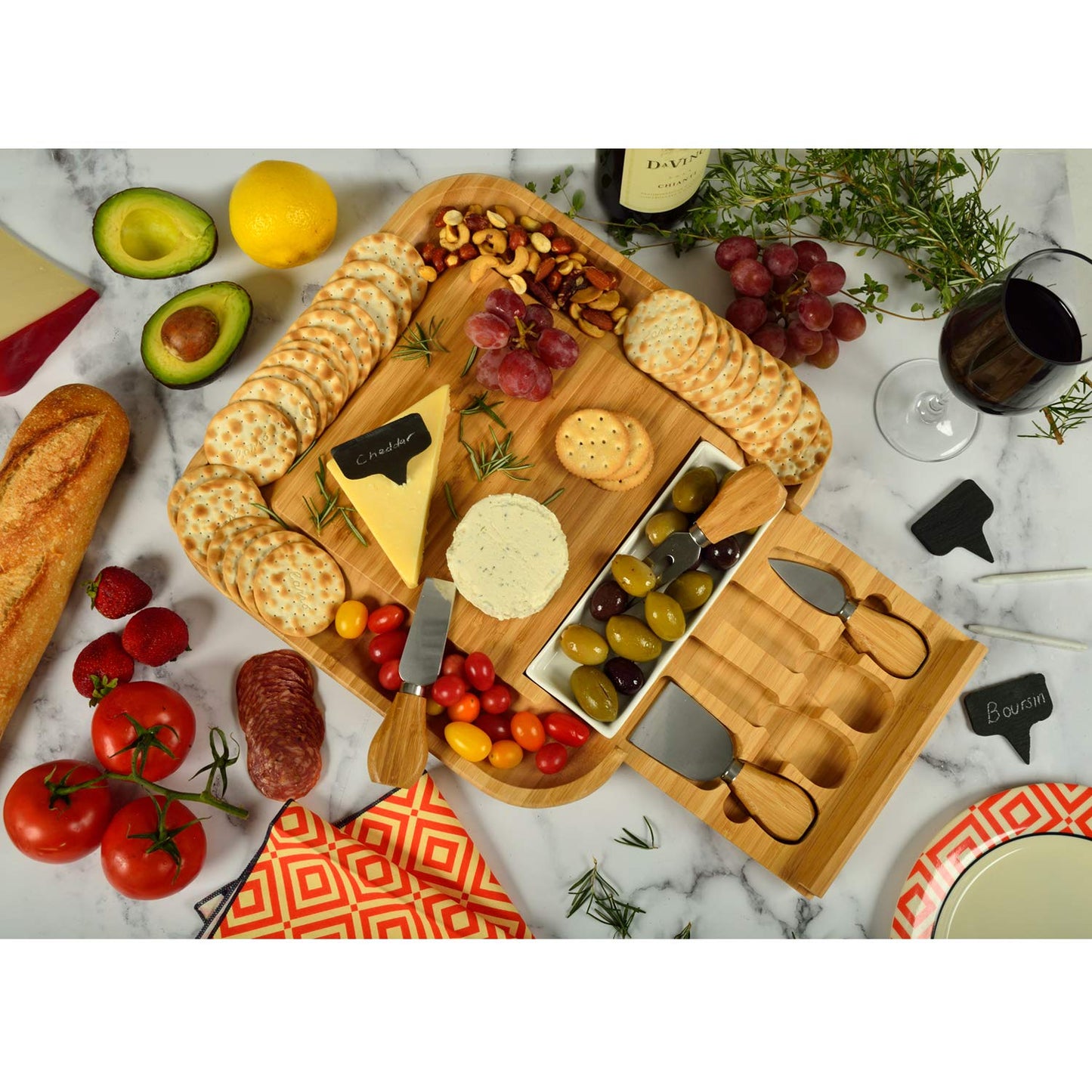 Custom Personalized Engraved Bamboo Cutting Board for Cheese & Charcuterie with Ceramic Dish, Knife Set & Cheese Markers -by Picnic at Ascot USA - WoodArtSupply