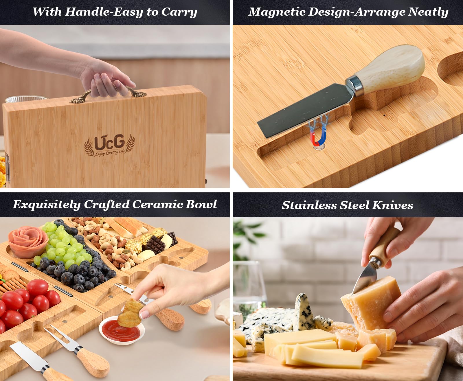 Cheese Board Charcuterie Gift Folding - Bamboo Sturdy Easy to Storage Magnetic Mount Serving Platter with Knife Travel Picnic Cheese Tray Set - WoodArtSupply