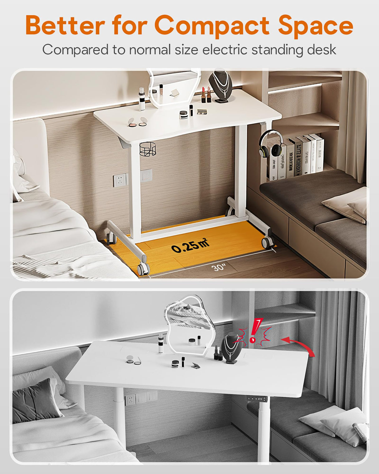 JOY worker Mobile Standing Desk, 35In Small Standing Desk with Curved Desktop, Pneumatic Height Adjustable Rolling Desk Holds Up to 33lbs, White JOY worker