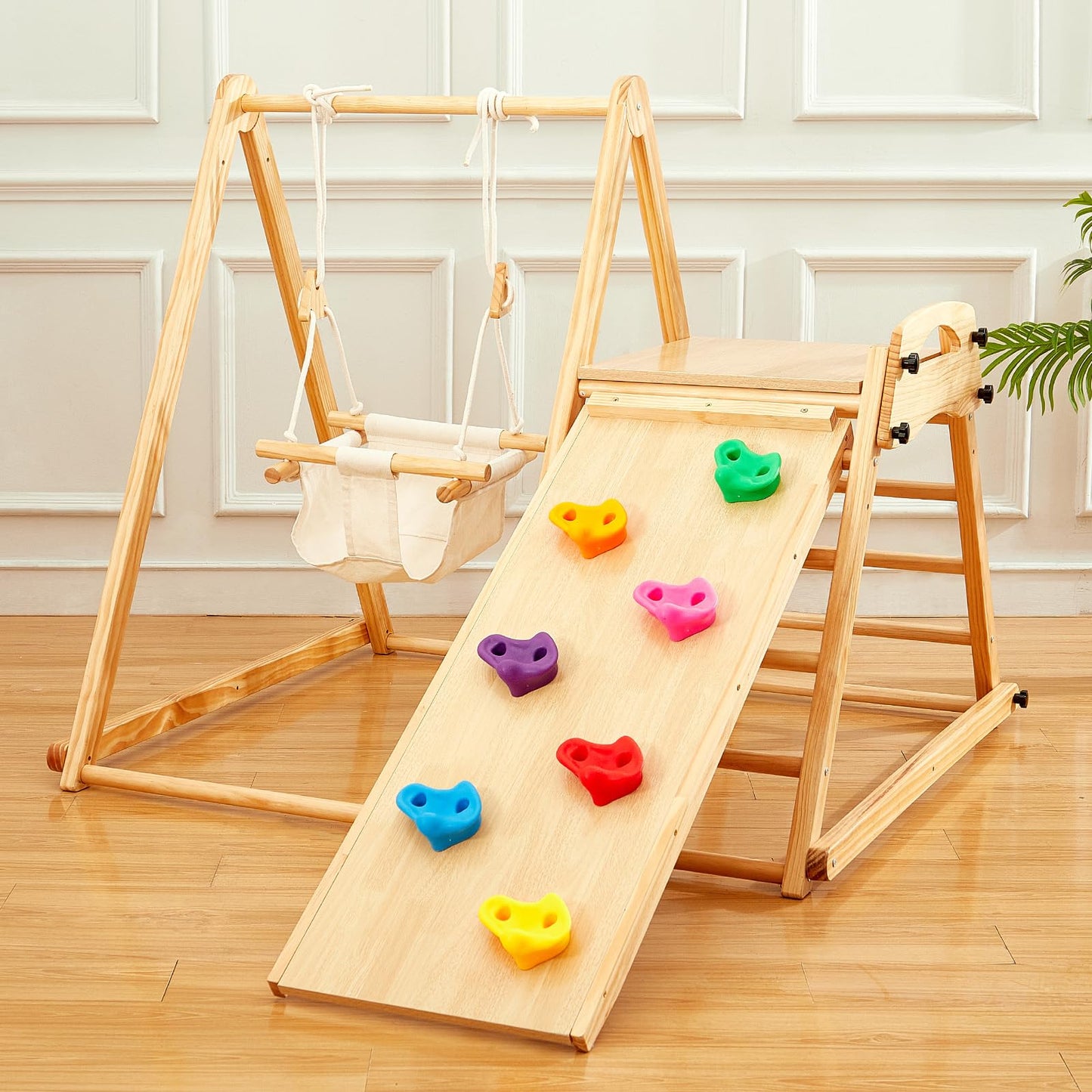 FUNLIO 4-in-1 Wooden Toddler Swing and Slide Set, Foldable Montessori Jungle Gym for Toddlers 0.5-5 Years, Indoor Playground with - WoodArtSupply