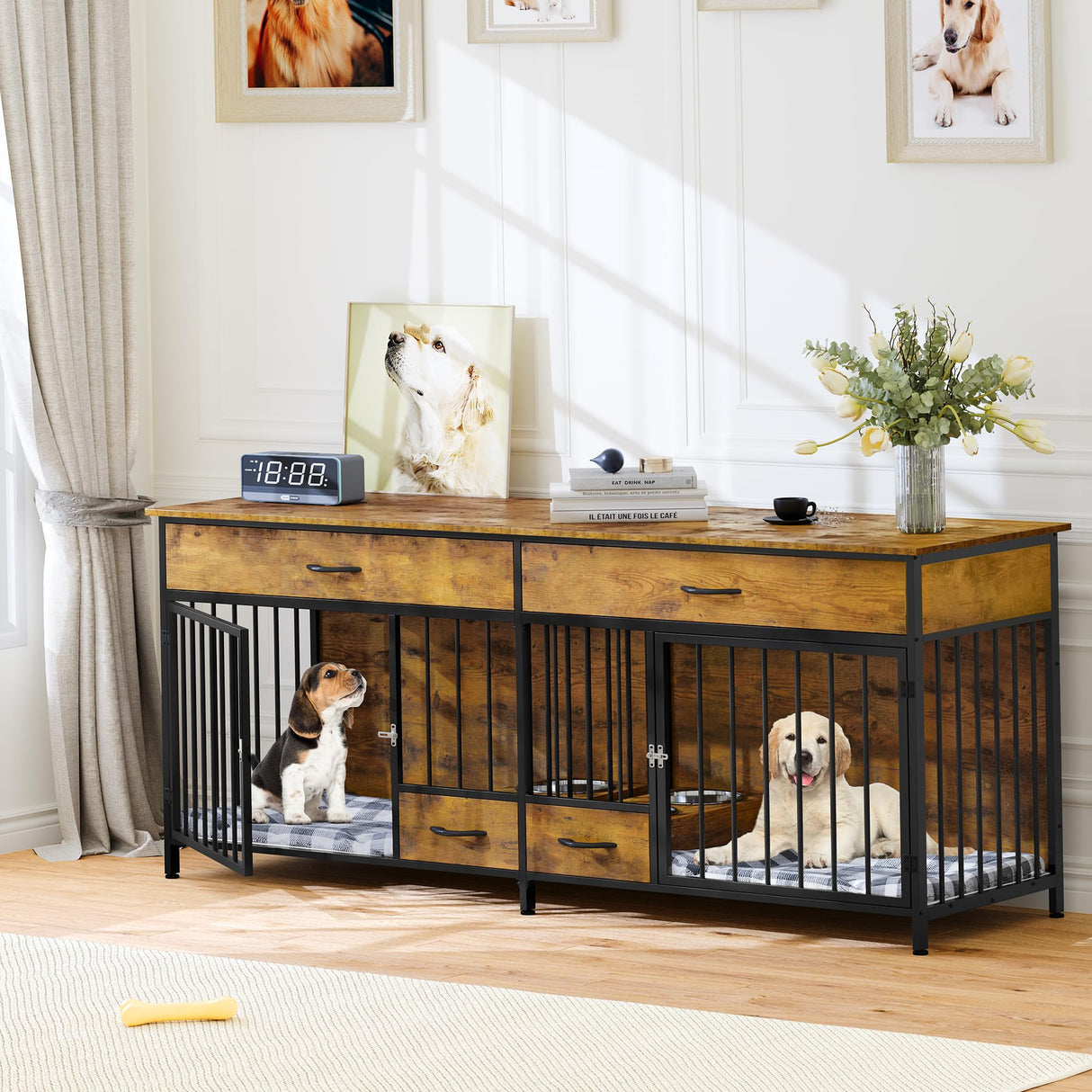 YITAHOME Dog Crate Furniture TV Stand Large Breed with Dog Feeder, 74.8" Inch Wooden Decorative Dog Kennel Furniture Indoor Heavy Duty Dog Crate with YITAHOME