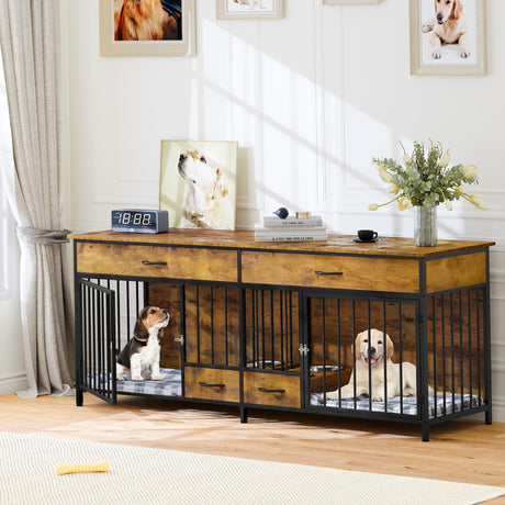 YITAHOME Dog Crate Furniture TV Stand Large Breed with Dog Feeder, 74.8" Inch Wooden Decorative Dog Kennel Furniture Indoor Heavy Duty Dog Crate with YITAHOME
