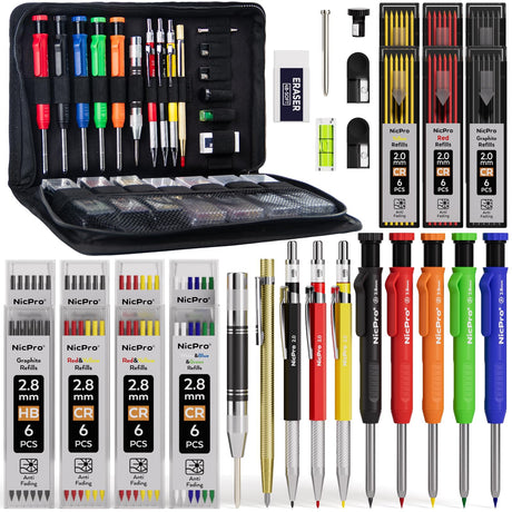 Nicpro 31 Pack Carpenter Pencil Set with Sharpener, Mechanical Carpenter Pencils with 128PCS Refills and Carbide Scribe Tool, Heavy Duty Construction Nicpro