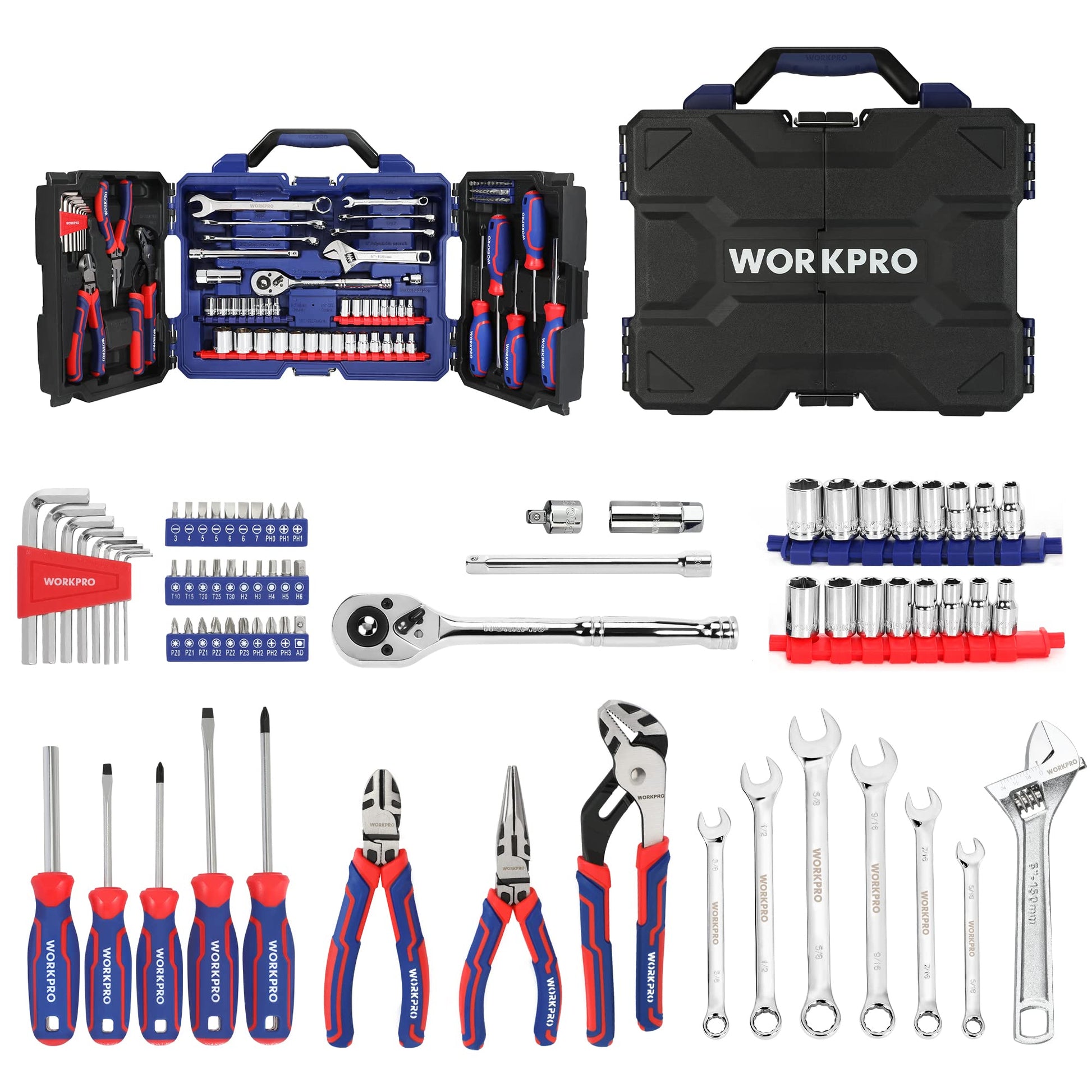 WORKPRO 87 Piece Household Hand Tool Kit, General Auto Repair Tool Set with Pliers, Screwdrivers, Sockets, Wrenches and Toolbox Storage Case, - WoodArtSupply