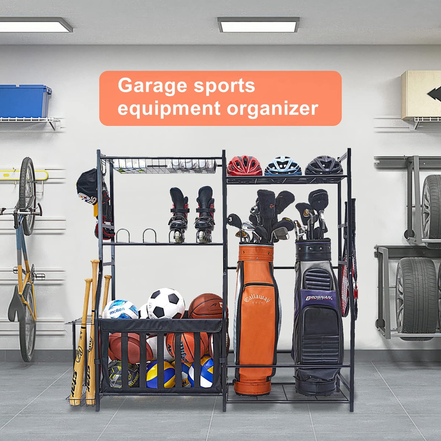 WALMANN Garage Sports Equipment Organizer, Golf Bag Stand for Garage Ball Storage Rack Indoor/Outdoor Kids Toys Storage Organizer Bins, Ball Holder WALMANN
