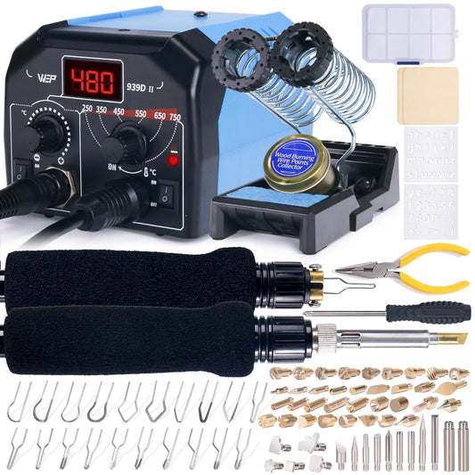 WEP 939D-II 2-IN-1 Wood Burning Kit 86-IN-1 with 51 Solid Points and 20 Wire Nibs Wood Burner with 2 Letter Number Stencils, 2 Unfinished Wood, 1 Pen - WoodArtSupply