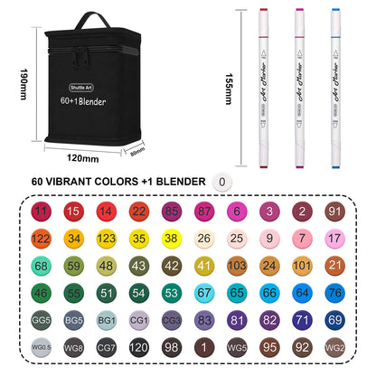 Shuttle Art 61 Colors Dual Tip Art Markers, 60 Colors plus 1 Blender Permanent Marker Pens Highlighters with Case Perfect for Illustration Adult