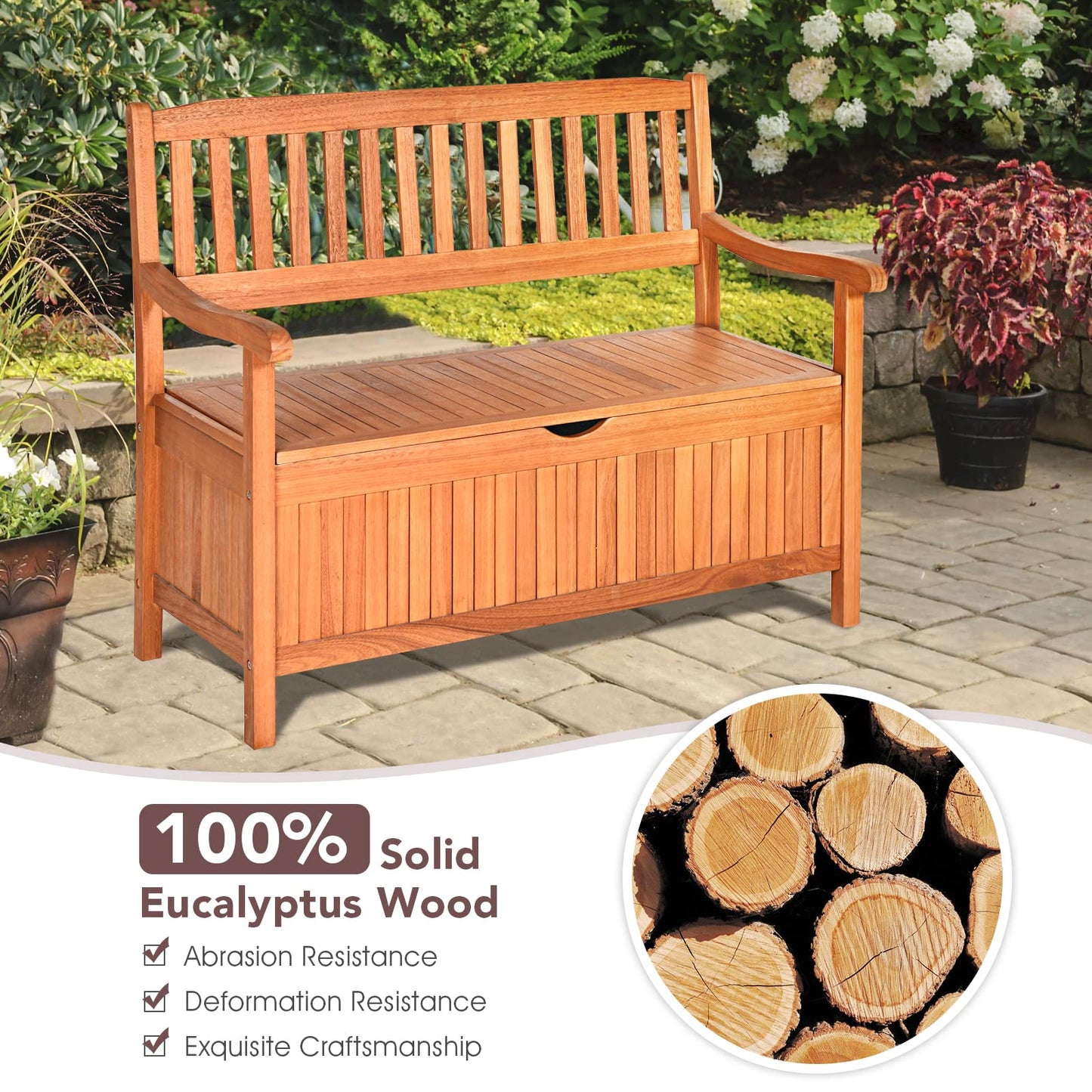 HAPPYGRILL Eucalyptus Wood Outdoor Storage Bench with Dustproof Liner - 33 Gal Capacity - WoodArtSupply