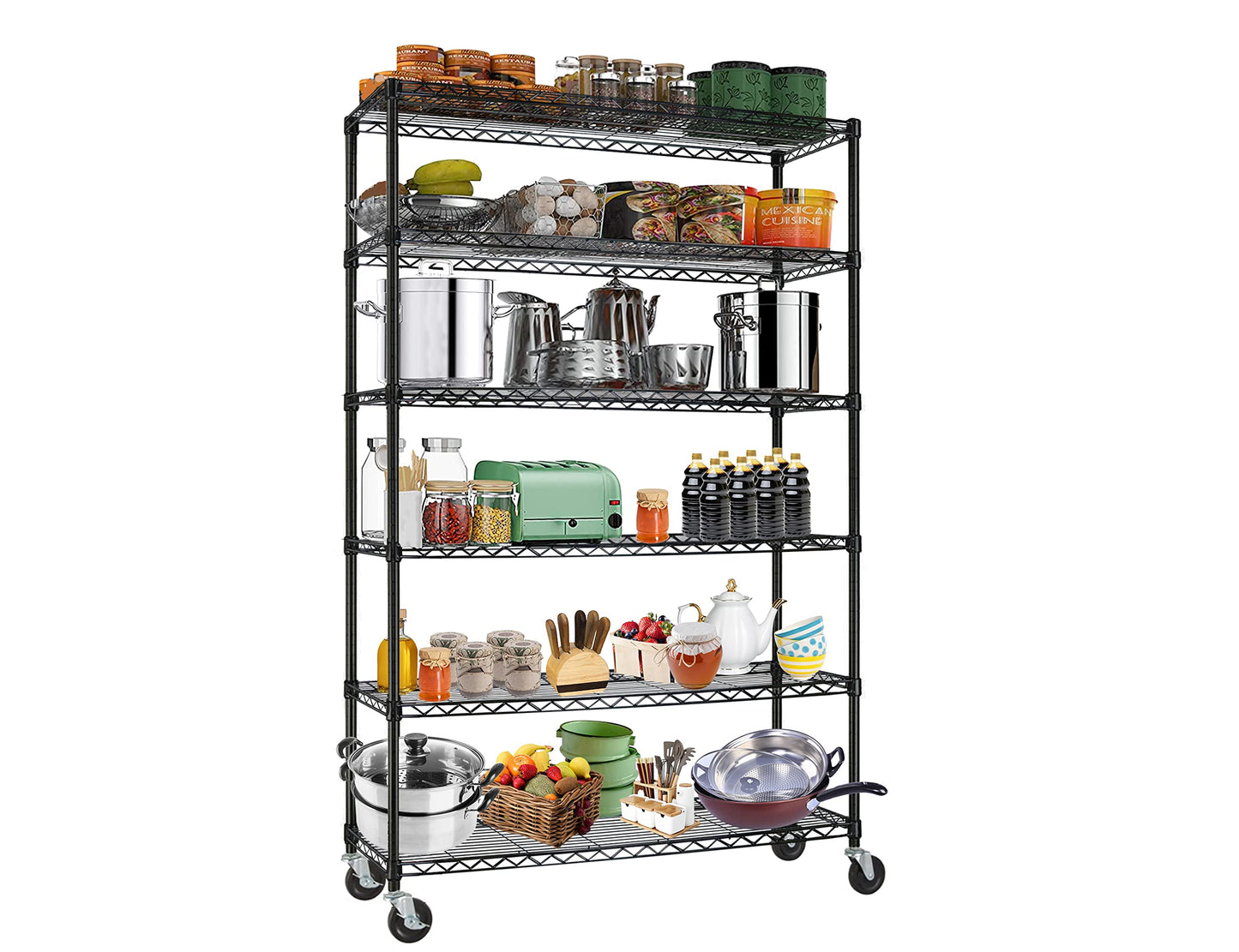 6 Tier 2100lbs Wire Shelves, 48" D x 18" W x 82" H Metal Shelves for Storage Heavy Duty, Storage Racks with Wheels, Height Adjustable, Wire Rack