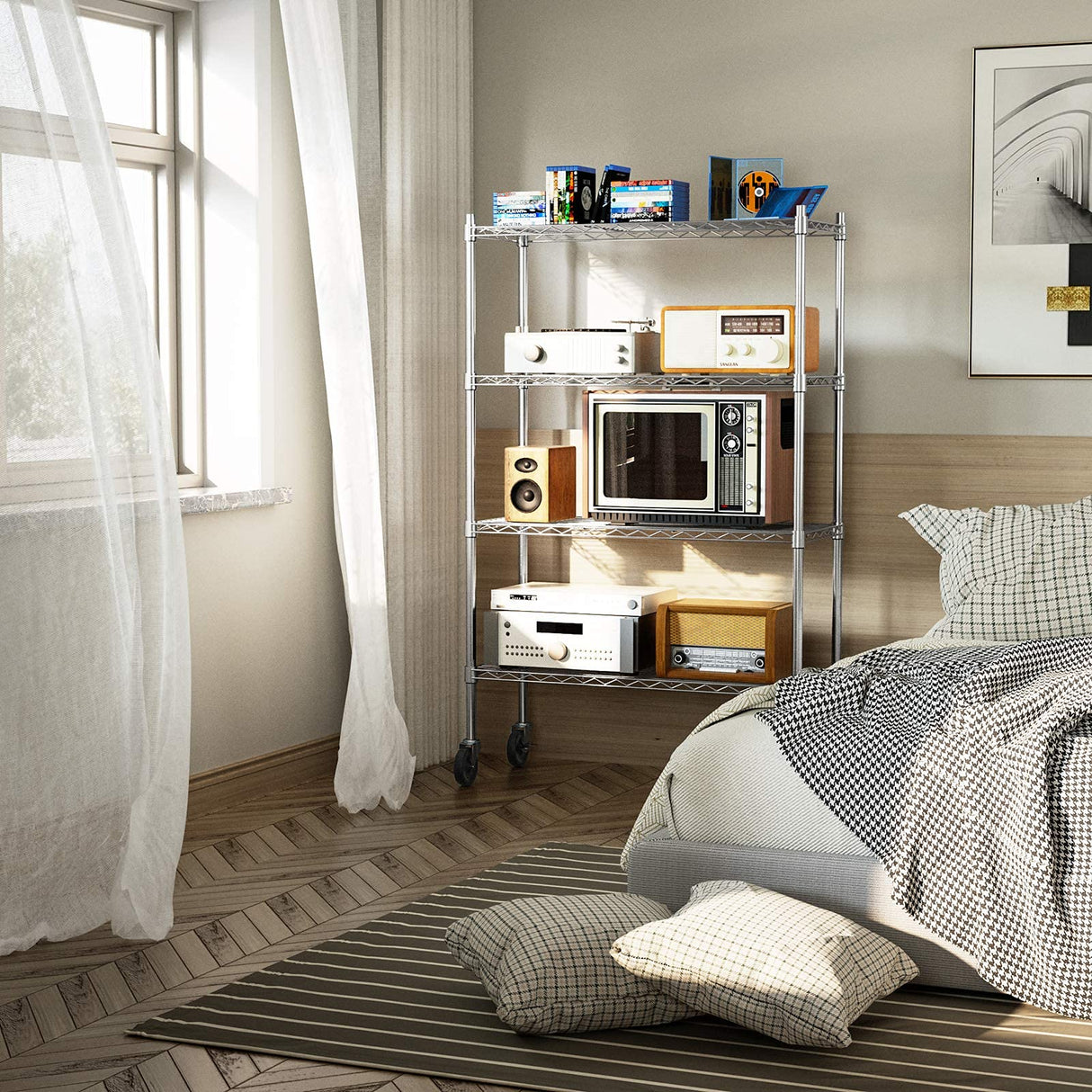 Auslar 4-Shelf Storage Shelves with Casters Heavy Duty 4 Tiers Rolling Cart Utility Racks Adjustable Wire Metal Shelving, Chrome Auslar