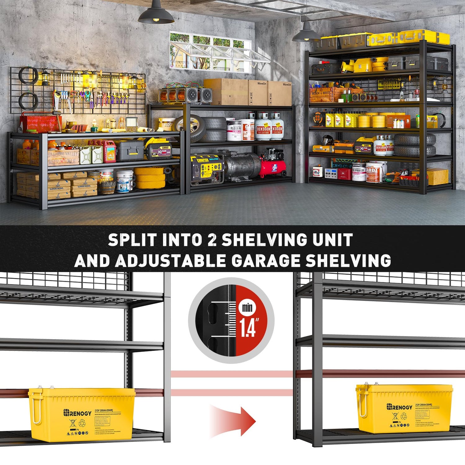 REIBII 84" H Garage Shelving, 6-Tier Garage Storage Shelves Heavy Duty Shelving Loads 3500LBS, 48" W Adjustable Garage Shelves Metal Shelving Storage REIBII