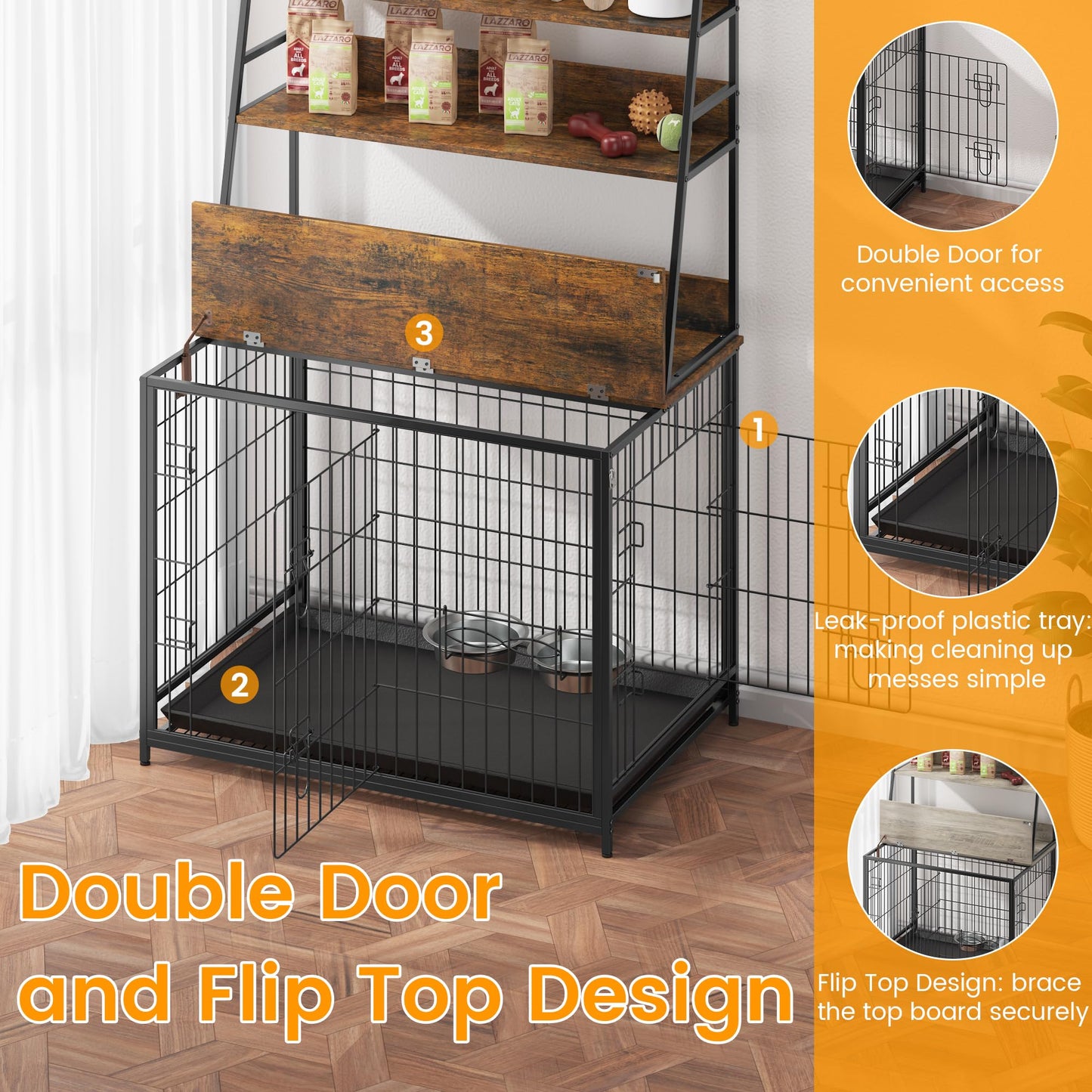 GAOMON Wooden Dog Crate Furniture with Storage Shelves,Dog Kennel Indoor with Removable Tray,Double Doors Modern Dog Crate, Dog House with Two - WoodArtSupply