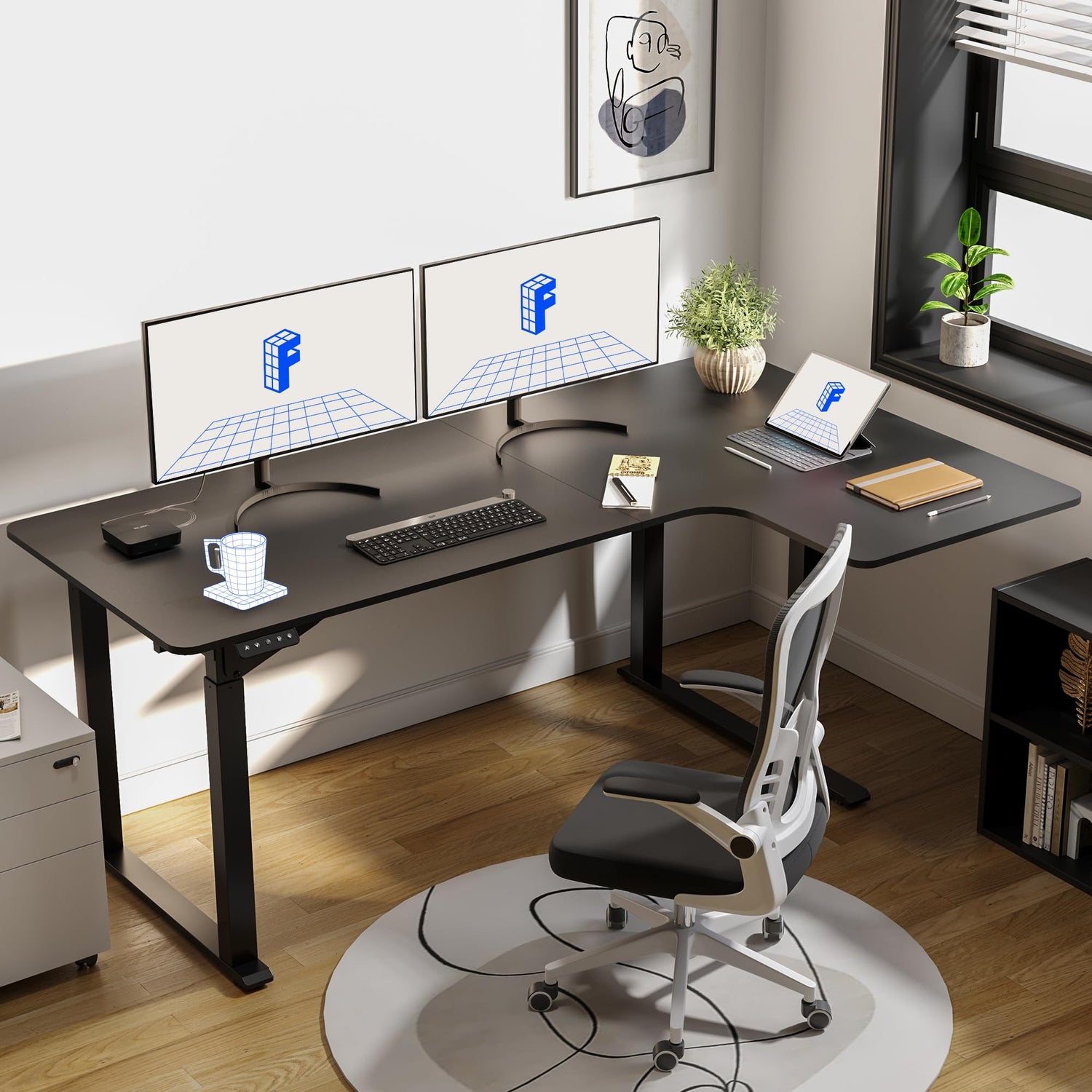 FLEXISPOT Dual Motor 4 Legs L Shaped Standing Desk Corner Desk Computer Electric Sit Stand Up Desk Height Adjustable Desk Home Office Table with FLEXISPOT
