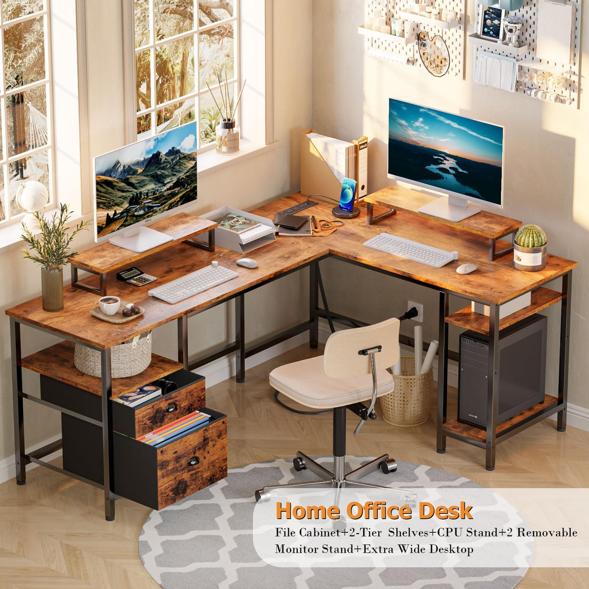 Furologee 66” L Shaped Desk with Power Outlet, Reversible Computer Desk with File Drawer & 2 Monitor Stands, Home Office Desk with Storage Shelves, Furologee