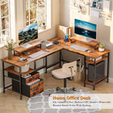 Furologee 66” L Shaped Desk with Power Outlet, Reversible Computer Desk with File Drawer & 2 Monitor Stands, Home Office Desk with Storage Shelves, Furologee