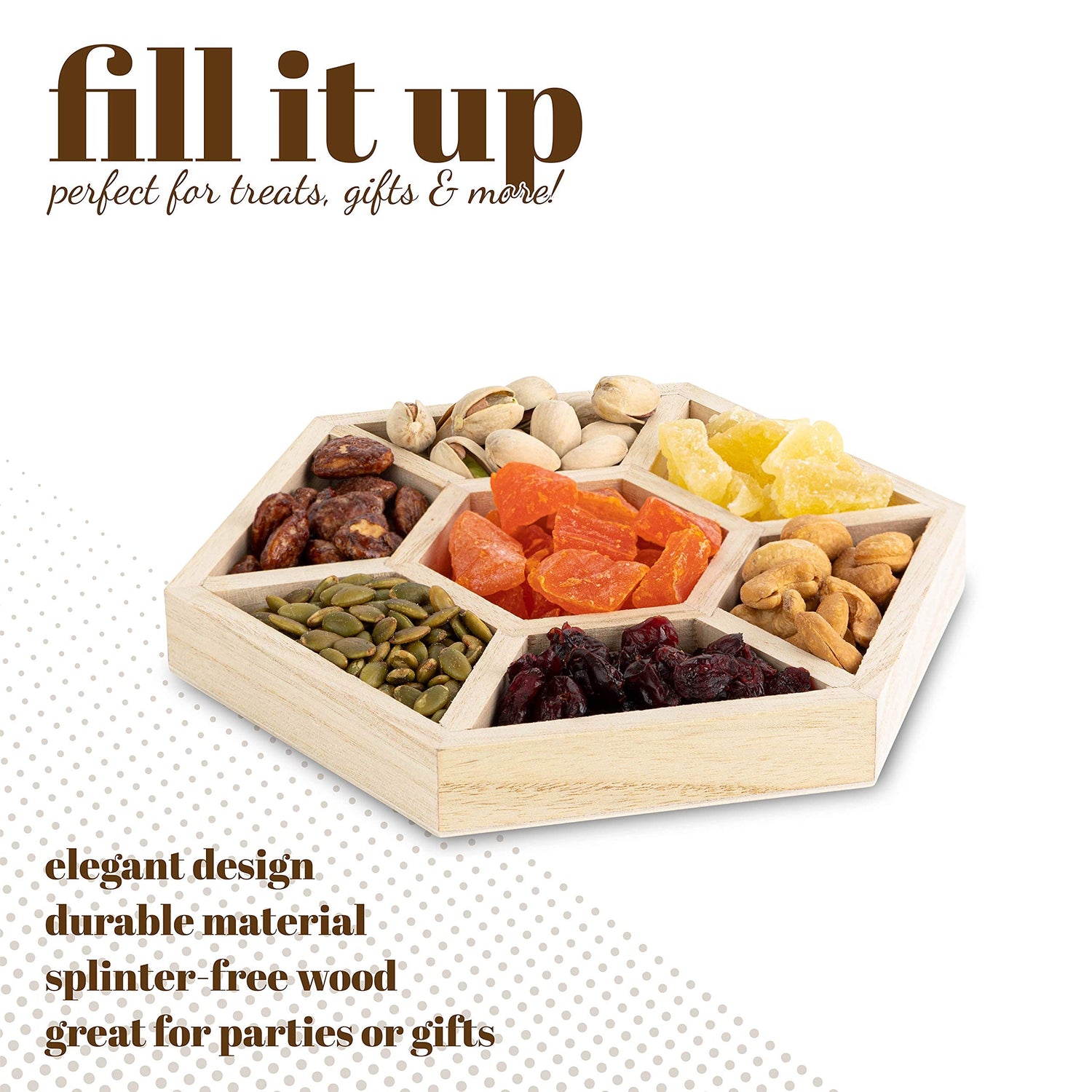 Hammont Hexagon Sectional Wooden Trays - 3 Pack - 8.5”x8.5”x1” - Eco Friendly Decorative Wooden Tray for Dry Fruits & Candies | Organic Wooden Tray Hammont