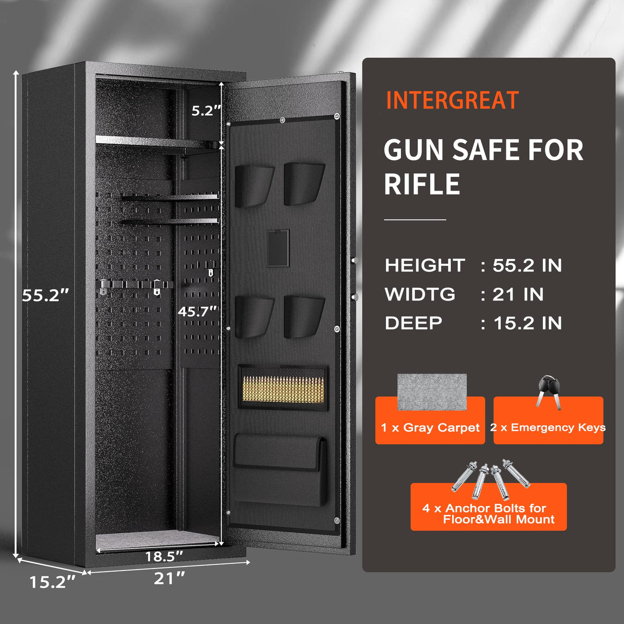 INTERGREAT Fingerprint 10-12 Rifle Gun Safe, Gun Safes for Home Rifle and Pistols, Quick Access Gun Cabinets for Rifles and Shotguns with Pockets, INTERGREAT