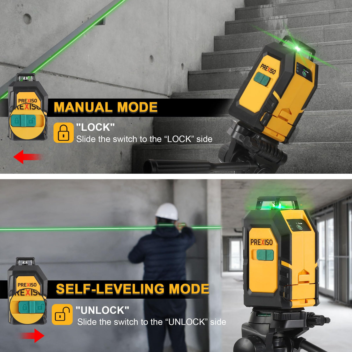 PREXISO 360° Laser Level with Tripod, 100Ft Self Leveling Cross Line Laser- Green Horizontal Line for Construction, Floor Tile, Renovation with Prexiso