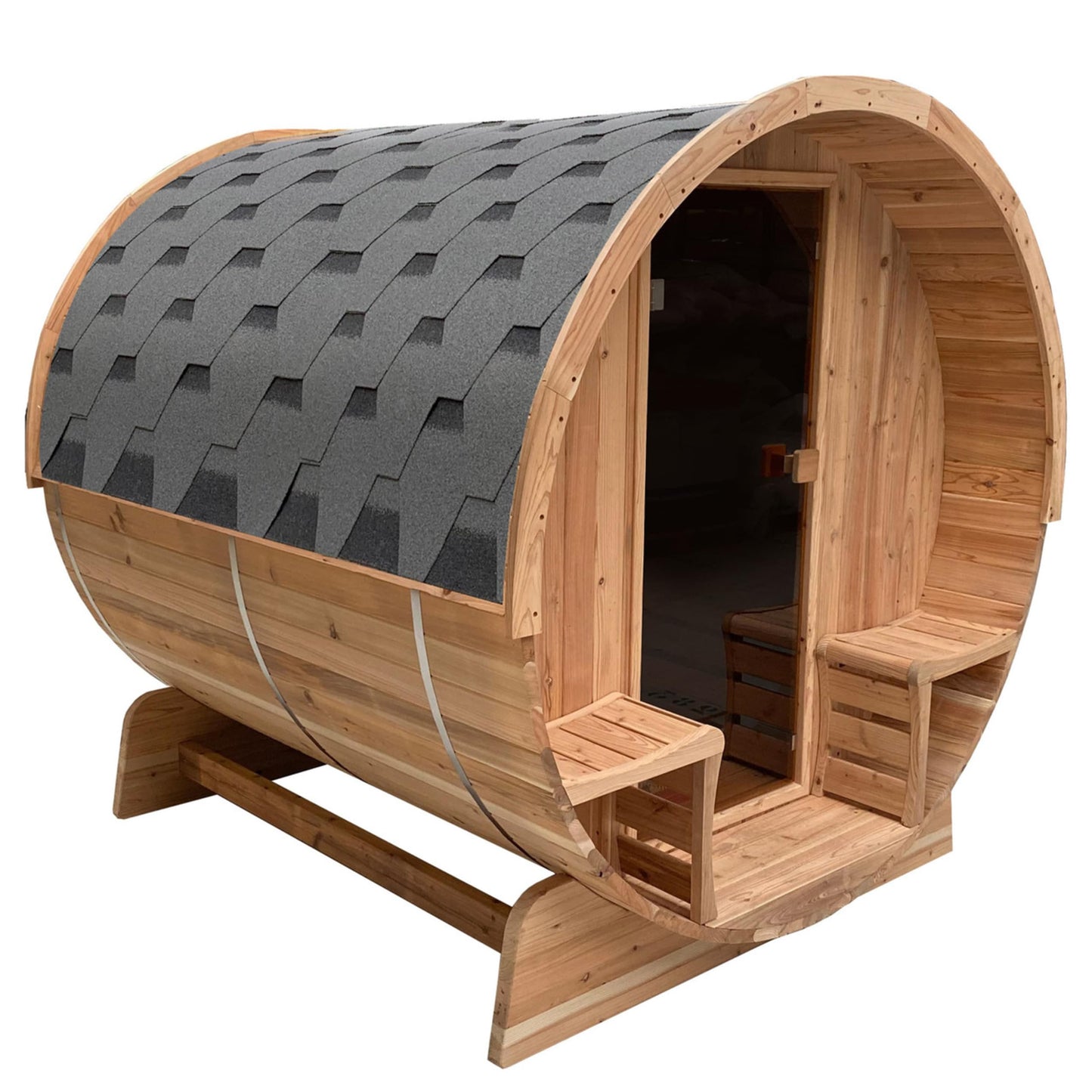 ALEKO Barrel Sauna with Front Porch Canopy | Rustic Cedar Wood | Wet Dry Indoor Outdoor | 3-4 Person Sauna | UL Certified 4.5 kW Harvia Sauna Heater - WoodArtSupply