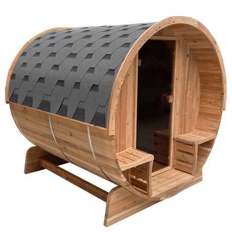 ALEKO Barrel Sauna with Front Porch Canopy | Rustic Cedar Wood | Wet Dry Indoor Outdoor | 3-4 Person Sauna | UL Certified 4.5 kW Harvia Sauna Heater ALEKO