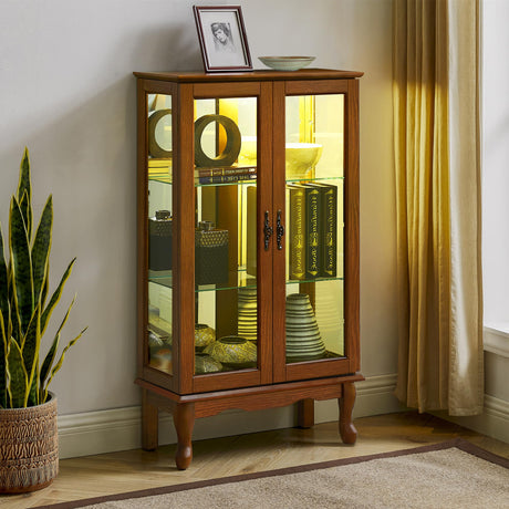 Brabrety Exquisite Wooden Curio Display Cabinet with Lighted and Tempered Glass Doors,Adjustable Shelves and Mirrored Back Panel,for Living Room Brabrety