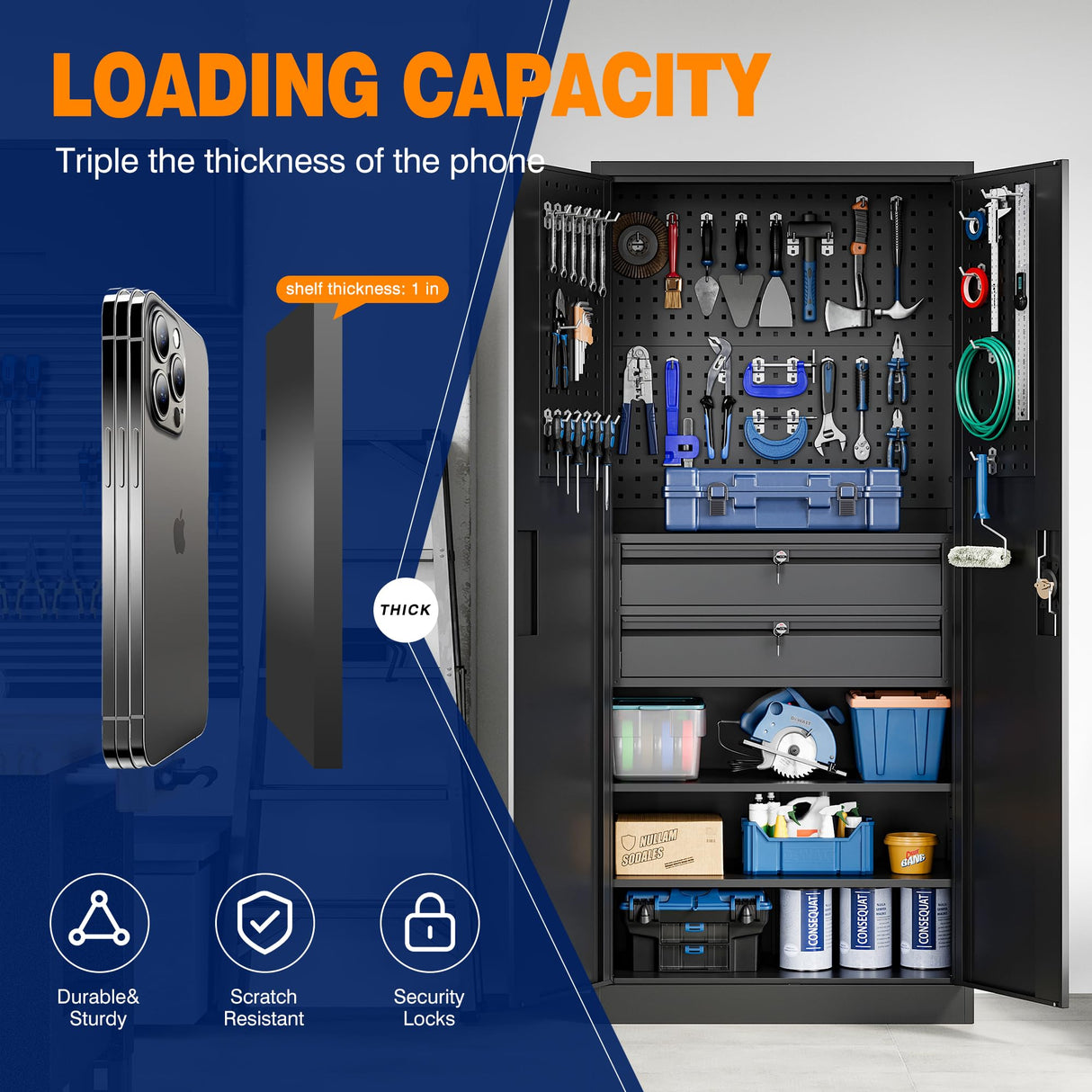 Yizosh Metal Garage Storage Cabinet with Locking Doors and Drawers, Heavy Duty Steel Tool Cabinet with Pegboard, 71" - Lockable Cabinets for Garage, Yizosh