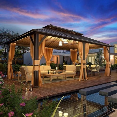 YOLENY 12' X 20' Hardtop Gazebo, Galvanized Steel Ventilation Double Roof Aluminum Frame, Curtains and Netting Included, Outdoor Gazebo for Garden, YOLENY