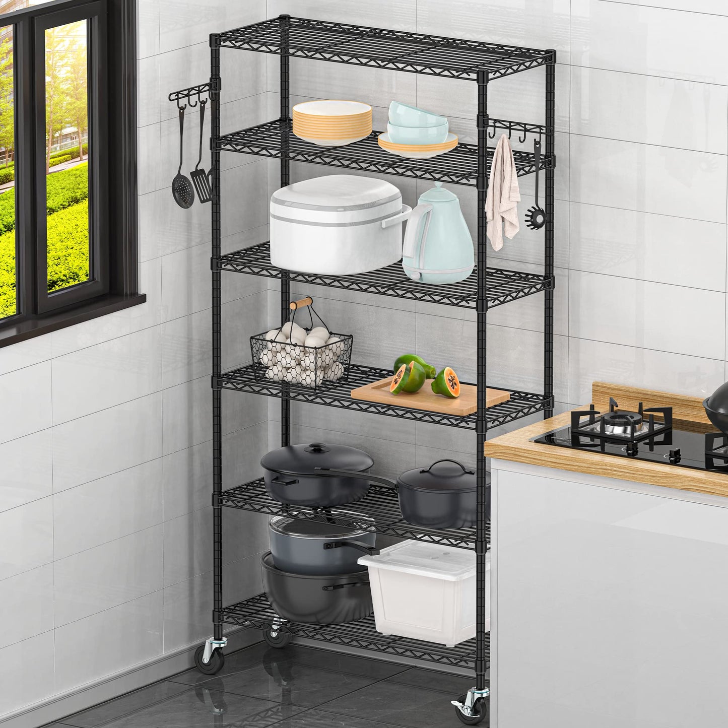 Folews 6-Tier Wire Shelving Unit with Wheels, Metal Storage Shelves Adjustable Layer Storage Rack Organizer Steel Utility Shelf for Home Kitchen - WoodArtSupply