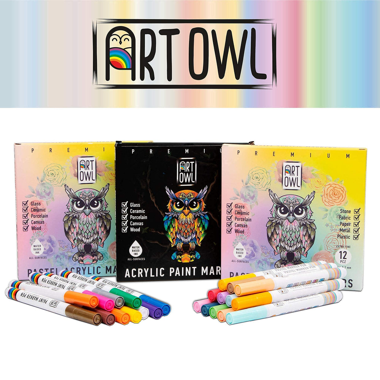 Art Owl 12 Basic Paint Pens Extra Fine Tip and 12 Acrylic Pastel Paint Markers Extra Fine Tip, Bundle for Rock Painting, Stone, Ceramic, Glass, Wood Art Owl