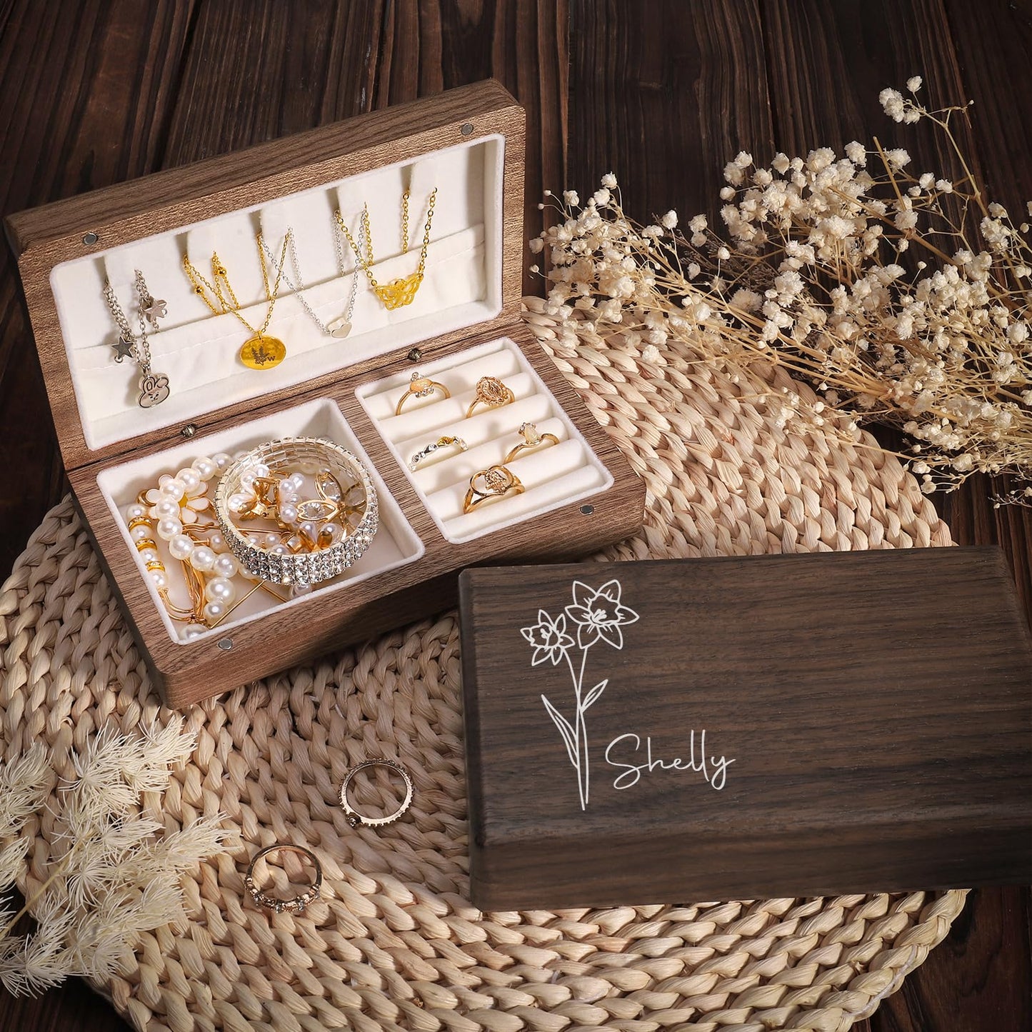 Zhamate Personalized Gifts for Women Girls-Custom Jewelry Box Wooden with Birth Flower Name, Birthday Gifts, Wedding Gift for Bridesmaids, Mom Gifts - WoodArtSupply