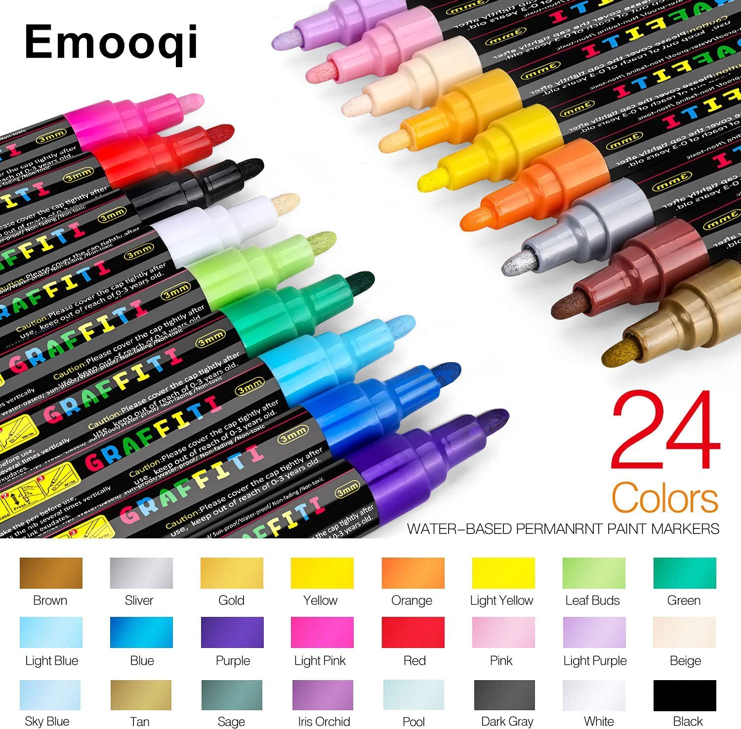 Emooqi Acrylic Paint Pens, Set of 24 Colors Paint Markers Pens for Rocks, Craft, Ceramic, Glass, Wood, Fabric, Canvas -Art Crafting Supplies Emooqi