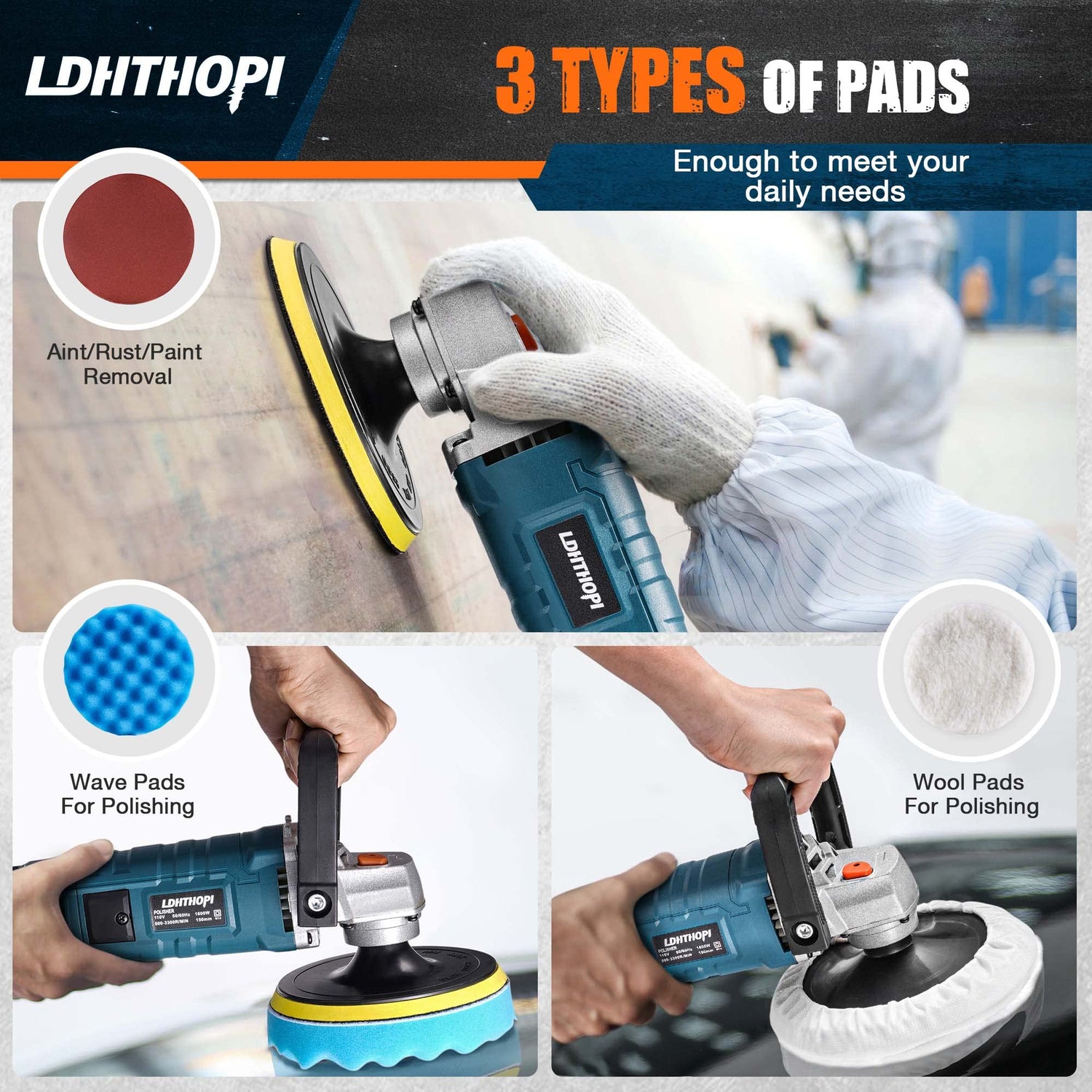 LDHTHOPI Buffer Polisher, 1600W 7 Inch/6 Inch Rotary Buffer Polisher Waxer, 7 Variable Speed 1000-3500 RPM, Detachable Handle for Car, Boat Sanding, LDHTHOPI