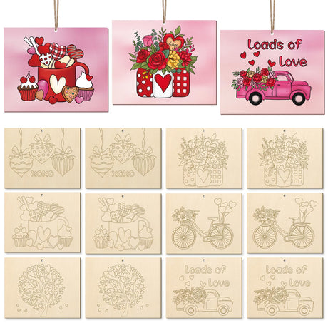 COCHIE DIY Wooden Ornaments to Paint for Kids Valentine's Day Party, 12 Pieces Unfinished Predrilled Wood Slices for Crafts with Laser Carving Line COCHIE