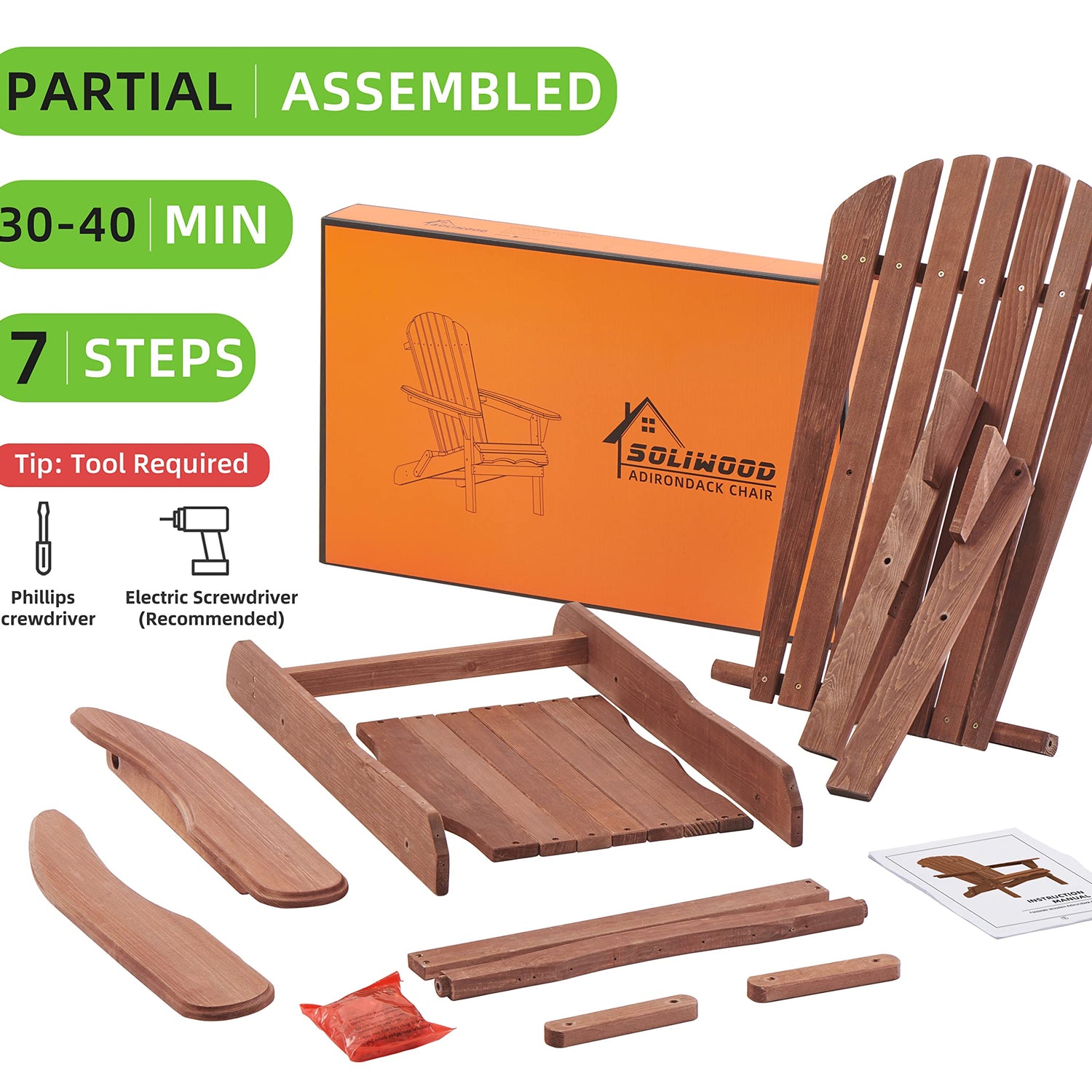 Outdoor Wooden Folding Adirondack Chair Set of 2 with Pre-Assembled BackRest, Wood Patio Chair for Garden Backyard Porch Pool Deck Firepit SoliWood