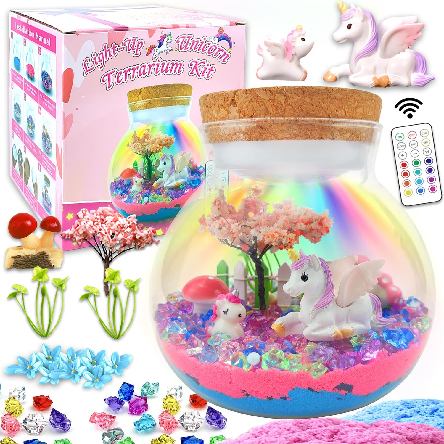 Unicorn Terrarium Crafts Kit for Kids-LED Night Light Up & Remote Unicorn Birthday Gifts Toys for Girls Ages 4 5 6 7 8 9 10 Year Old for Girls 7july