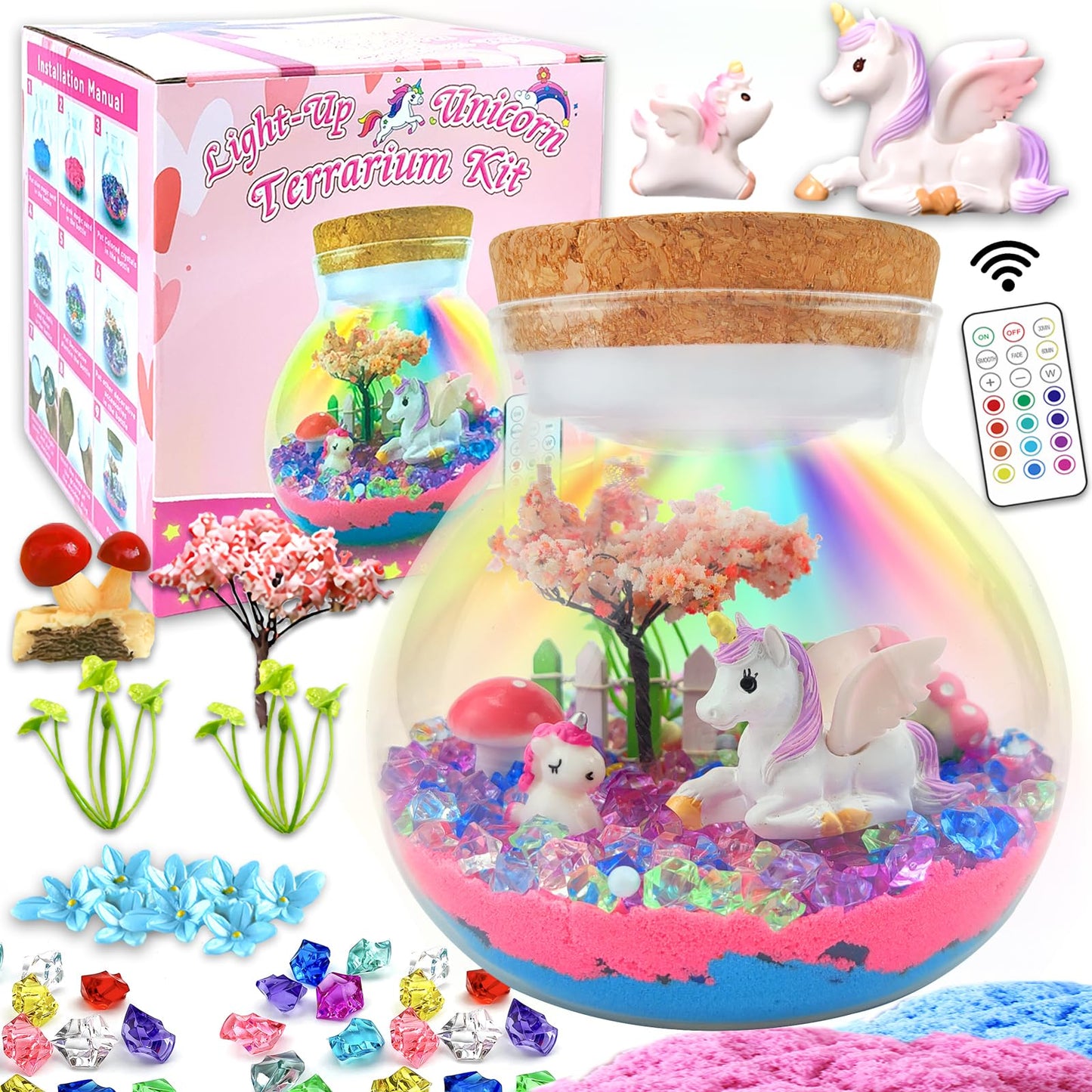 Unicorn Terrarium Crafts Kit for Kids-LED Night Light Up & Remote Unicorn Birthday Gifts Toys for Girls Ages 4 5 6 7 8 9 10 Year Old for Girls